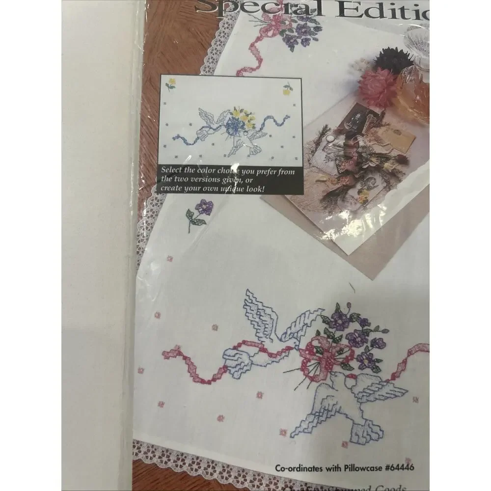 Vtg Bucilla Stamped Cross stitch Kit 64450 Dresser Scarf Doily Runner‎ Doves NWT
